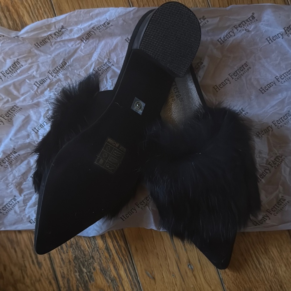 Henry Ferrera Black Flats with Plush Fur